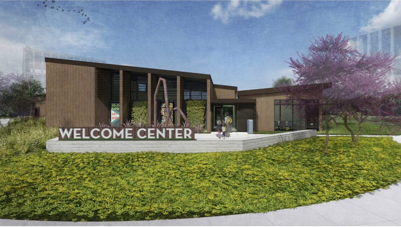 Rendering of future Placer One Welcome Center surrounded by greenery