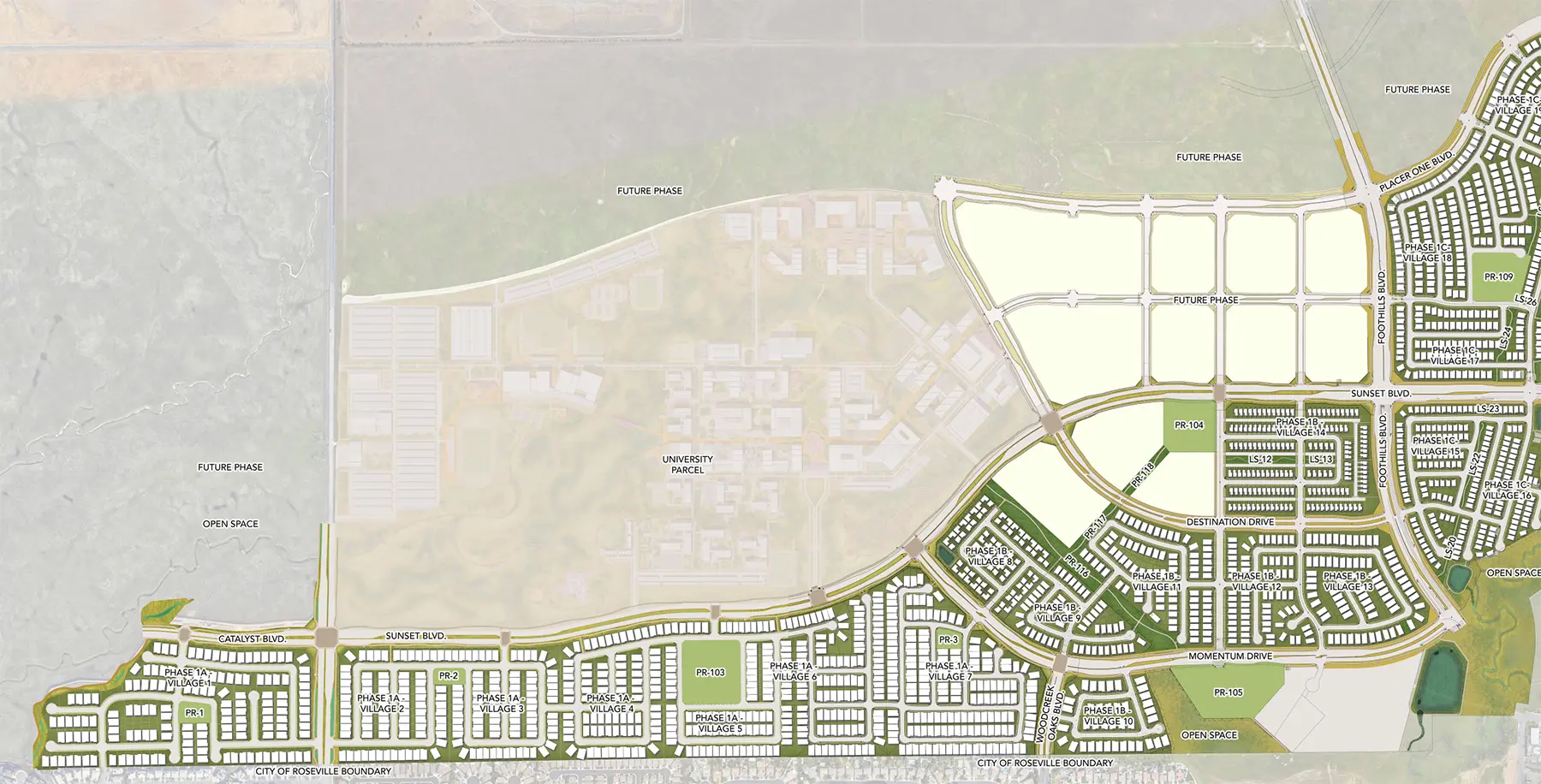 Map showing Placer One Phase 1 parks and green spaces
