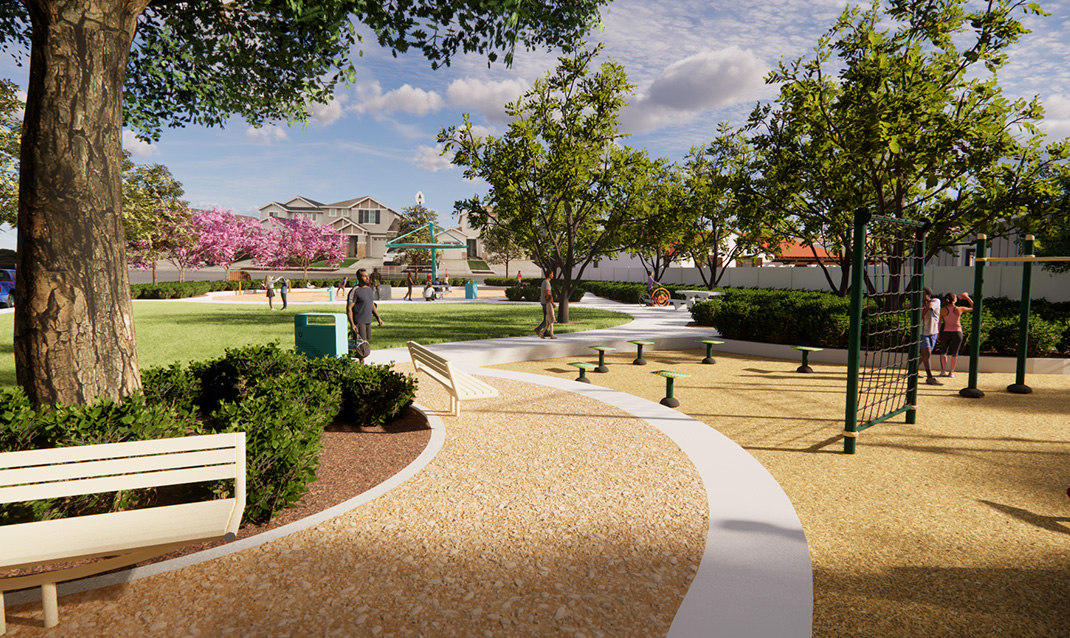 Rendering of families walking through future Odyssey Park in Placer One